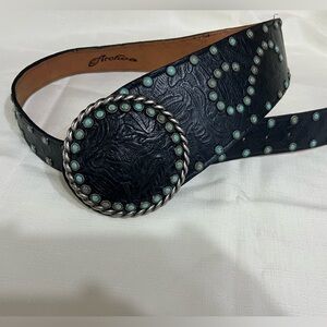 Arohoe Leather Wide Black Belt with Turquoise Studs